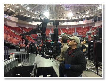 Here's a camera and crane being rigged by Fresh Coast Production Resources crew at a major Trump campaign rally in Green Bay, WI.