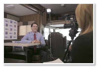 Scott Walker is interviewed on video inside the