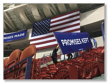 Crew setting signage for the TRUMP rally in Green Bay, WI.